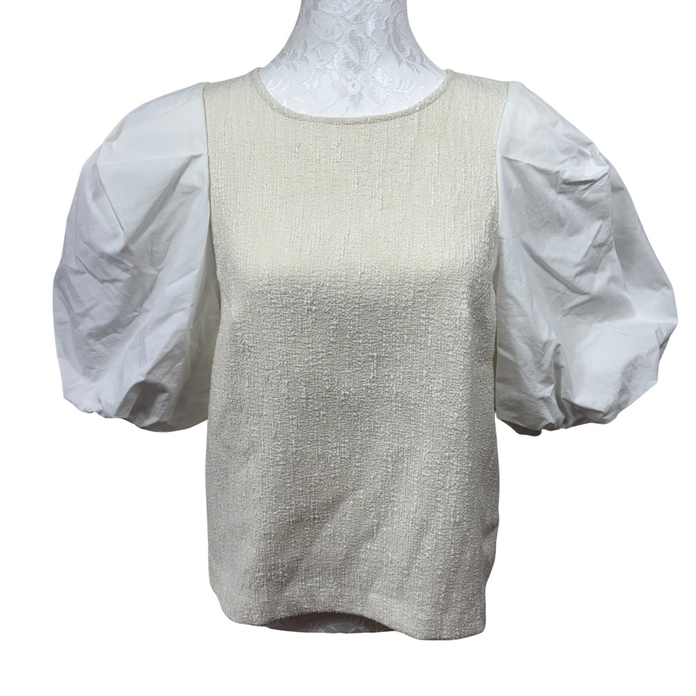 Anthropologie Cream White Boucle Knit Poplin Puff Sleeve Top Blouse Women Medium - Picture 2 of 9